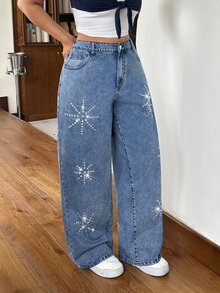 Rivivi Mode Street raka denimjeans i plus size med tvätt och strassdetaljer - Mediumtvätt - Visa 3