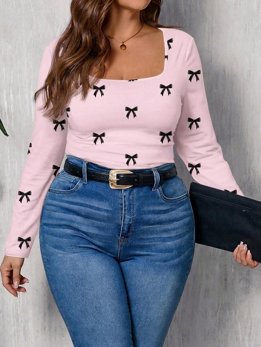 Rosumi Casual Minimalist Plus Size Square Neck T-Shirt With Bow Print Pattern - Multicolor - View 1