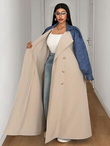 Maweii Plus Size Casual Fashion Patchwork Long Trench Coat Fall - Khaki - View 5