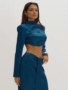 MUSEYN Teal Blue Satin Scarf Drape High Neck Top Classy Date Night Chic Evening Fall - Navy Blue - View 4