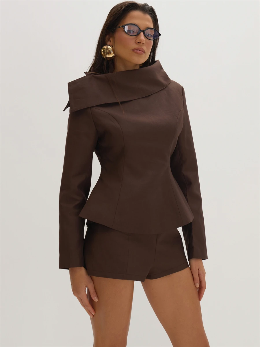 MUSEYN Brown Woven Structured Asymmetric Oversized Collar Long Sleeve Top Tailored Classy Date Night Chic Evening Fall - Coffee Brown - View 1