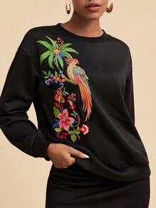 Travachic Sweatshirt Kasual Lengan Panjang Leher Bulat Motif Pohon Palem Wanita, Model Baru Musim Gugur/Dingin, Cocok untuk Sehari-hari - Hitam - View 7