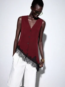 SHEIN PariChic Spring Summer New Women's V-Neck Asymmetric Lace Trim Blouse - Red - View 3