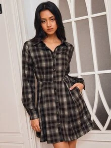 Écloséra Autumn/Winter Vintage Plaid Long Sleeve Pleated Hem Shirt Dress - Brown - View 7
