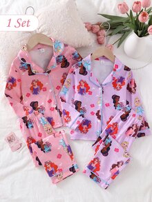 SHEIN 女童卡通印花休閒日常開襟長袖上衣與長褲2件套 - 淡紫色 - 查看 5