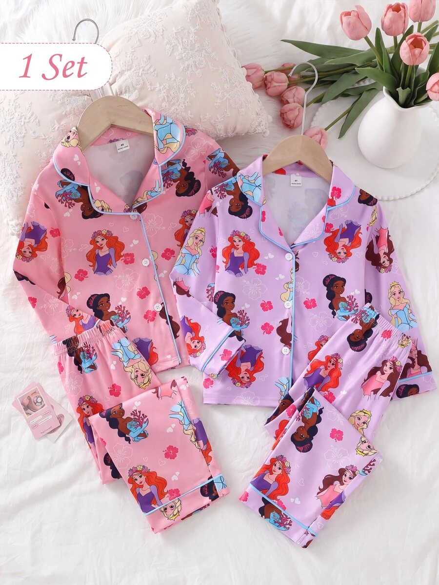 SHEIN Young Girl Cartoon Print Casual Daily Open Front Long Sleeve Top & Pants 2pcs Set - Mauve Purple - View 1