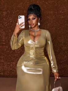 Maweii Plus Size Elegant Gentle Gold Metallic Glossy Deep V Neck Ruched Long Sleeve A-Line Full Skirt Evening Gown - Gold - View 3