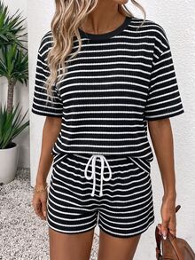 SHEIN LUNE 女款針織條紋紋理面料百搭夏季度假兩件套 - 彩色 - 查看 3