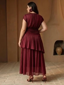 Anewsta Plus Size Women's Summer Elegant Cinched Waist Asymmetrical Ruffle Double Layer Full Skirt Dress For Vacation, Gathering, Party - Burgundy - View 8