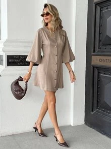 Pariaura Elegant Casual Slim Fit Flattering Single-Breasted Lantern Sleeve Short Sleeve Dress - Multicolor - View 3