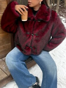 Muchica Plus-Size Burgundy Faux Fur Cropped Jacket For Autumn And Winter, Featuring Toggle Closures And A Full Lining. - Redwood - View 7