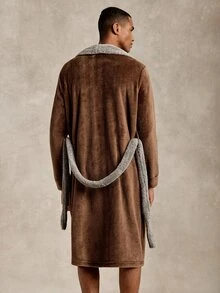 EverLounge Men's Autumn/Winter Minimalist Basic Fashion Comfortable British Style Embroidered Red Brown Flannel Contrast Dark Grey Double-Sided Fleece Shawl Collar Long Home Wear Robe Coat - Brown - View 2