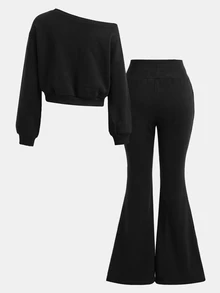 SHEIN Girlism Teen Girls Hoodie & Sweatshirt Co-Ords Black Asymmetrical Shoulder Sweatshirt & Flared Sweatpants 2pcs Set - Black - View 2