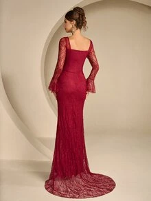 Women's Lace Long Sleeve Front Beaded Long Formal Evening Gown (Heavy Workmanship Style) - Burgundy - View 2