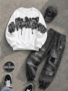 Boys (Big) Sweatshirt Set With Ribbed Collar, Cuffs And Hem, Body Printed With Large Black & White Graffiti Style 3D Letter Print, Letters With Frayed Edges And Black Paint Drip Effect, Paired With Smiling Face Pattern In The Middle, Bottoms Are Tapered Pants With Subtle Textured Pattern, Multiple Ripped Details, Ribbed Cuffs - Multicolor - View 1