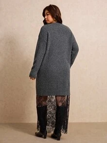 Elaquor Plus Size Women's Round Neck Long Sleeve Contrast Lace Hem Elegant Knit Dress - Grey - View 2