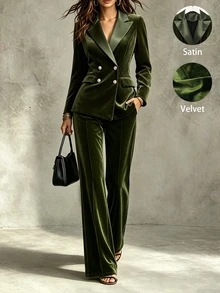 SHEIN Autumn/Winter Women's Luxury Velvet Suit Set, Double-Breasted Waist-Cinching Blazer & Flared Pants Two Pieces Outfit, Suitable For Party, Banquet, Gathering, Professional Commute Style And More Occasions - Olive Green - View 2