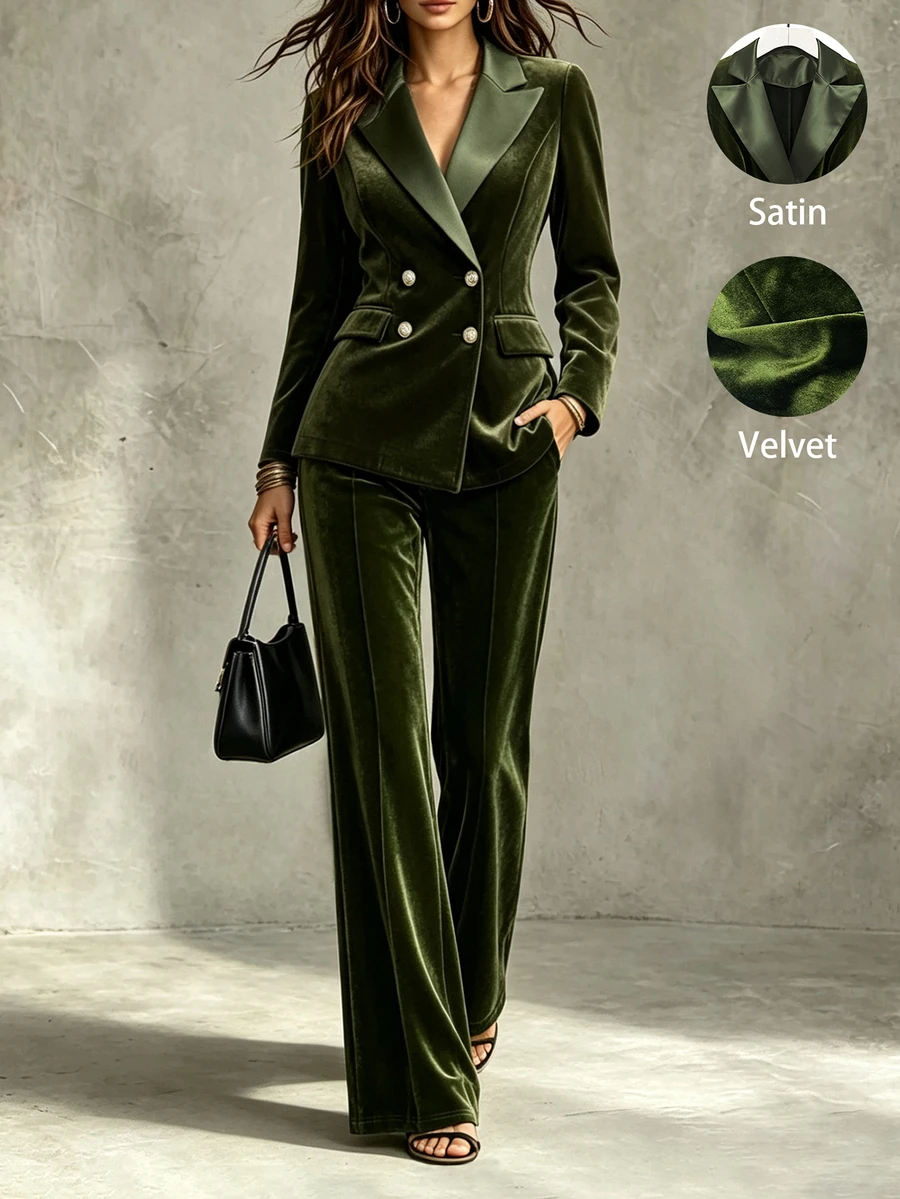 SHEIN Autumn/Winter Women's Luxury Velvet Suit Set, Double-Breasted Waist-Cinching Blazer & Flared Pants Two Pieces Outfit, Suitable For Party, Banquet, Gathering, Professional Commute Style And More Occasions