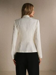 Poéselle Women's Ivory Textured Jacquard Jacket – Structured Mandarin-Collar Long-Sleeve Blazer With Gold Buttons, Defined Waist And Peplum Hem Fall/Winter - Apricot - View 7