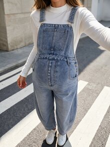 SHEIN Maternity Loose Sleeveless Denim Overalls - Medium Wash - View 6
