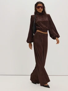 MUSEYN Brown Satin High Neck Shoulder Pad Bomber Jacket Classy Date Night Chic Evening Fall - Chocolate Brown - View 3