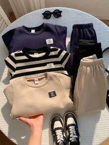 SHEIN 小男孩秋冬保暖內裡加厚卡通熊針織軟綿圓領長袖套頭運動衫彈性腰長褲6件套百搭舒適 - 彩色 - 查看 7