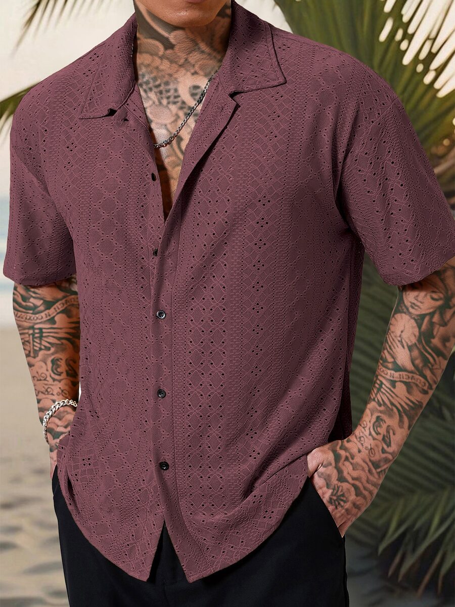 Genlund 男士度假休閒刺繡鏤空鈕扣襯衫 - 紅木色 - 查看 1