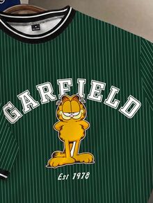 GARFIELD | SHEIN Daypath 男士卡通字母印花插肩袖圓領對比飾邊T恤 - 墨綠色 - 查看 2