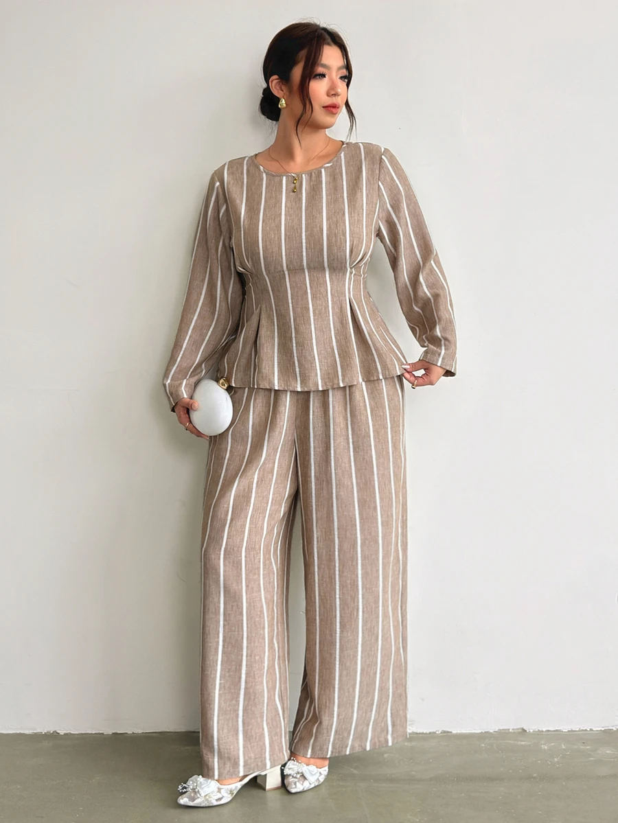 Firerie Plus Size Slimming Ruched Khaki Striped Round Neck Long Sleeve Set/Elastic Waistband/Casual Everyday Matching Set Fall - Khaki - View 1