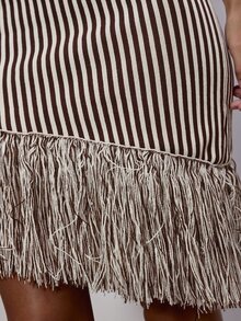 MUSERA Stripe Asymmetric Tassel Hem Midi Skirt Cute Daily Girly Sweet Mischief - Chocolate Brown - View 5