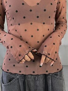 FRIFUL 女款波點印花立領長袖修身上衣 - 棕色 - 查看 6