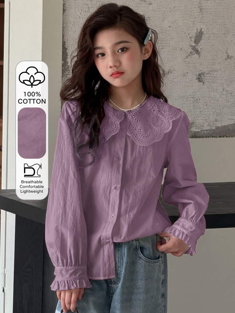 DAZY 青少年女孩秋季服飾蕾絲娃娃臉泡泡袖長袖甜美襯衫 - 紫色 - 查看 1