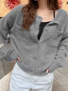 FRIFUL Middle-Aged & Elderly Women Solid Color Casual Versatile Daily Wear Knit Top Cardigan - Grey - View 5