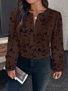 Reflora Plus Size Women's Floral Print Casual Daily Wear Shirt - Brown - View 6