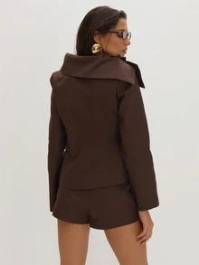 MUSEYN Brown Woven Structured Asymmetric Oversized Collar Long Sleeve Top Tailored Classy Date Night Chic Evening Fall - Coffee Brown - View 5