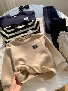 SHEIN 小男孩秋冬保暖內裡加厚卡通熊針織軟綿圓領長袖套頭運動衫彈性腰長褲6件套百搭舒適 - 彩色 - 查看 8