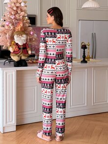 SweetSlumber Women's Christmas Fair Isle Knit Print Long Sleeve Pajama Jumpsuit - Multicolor - View 2