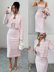Elenzga Women's Plaid 3D Button Decor Spaghetti Strap Maxi Dress With Frog Button Long Sleeve Cardigan Elegant 2 Pieces Set - Pink - View 1