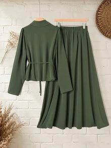 Rusticease Women's Casual Solid Color Waist Tie Shirt And Long Skirt 2 Pieces Set - Green - View 2