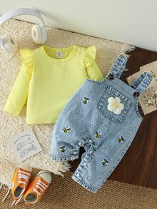 SHEIN 2pcs Baby Girls Denim Overalls Cute Yellow Blue Bee Flower Embroidery Ruffle Flutter Sleeve Birthday Party Fall White Top Birthday Girl Ribbed Knit - Yellow - View 1
