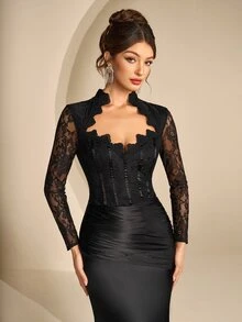 Coutiva Women's Lace Long Formal Evening Gown Dress (Heavy Workmanship Style) - Black - View 5
