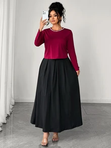 Elenzga Plus Size Women Elegant Casual Pearl Decor Long Sleeve Black & Red Maxi Dress Set - Multicolor - View 6