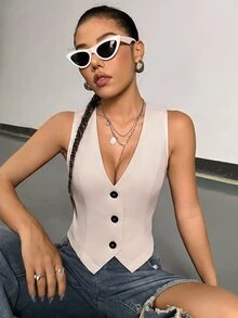 StreetHx 女款素色單排扣休閒百搭通勤旅行西裝背心 - 杏色 - 查看 4