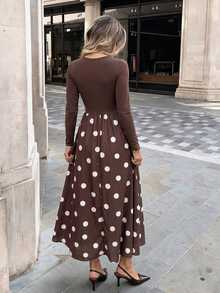 Serisse Women's Patchwork Polka Dot Print Long Sleeve Elegant Dress - Brown - View 4