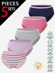 Girls Big Tween Girl All Season 100% Cotton Multi-Color Multi-Pattern Polka Dot Striped Minimalist Print Combination 5pcs Triangle Panty Set - Multicolor - View 1