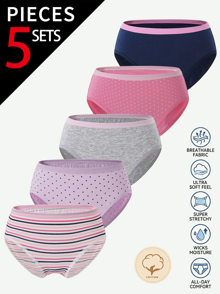 Girls Big Tween Girl All Season 100% Cotton Multi-Color Multi-Pattern Polka Dot Striped Minimalist Print Combination 5pcs Triangle Panty Set - Multicolor - View 1