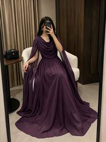 Modelyn 女款優雅派對純色抓褶洋裝，酒紅色 - Bold Plum - 查看 3
