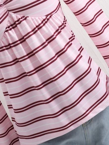 SHEIN Sparklyn 青少年女孩粉棕條紋愛心領口精緻鎖骨設計T恤，抽褶腰部設計遮肚腩，喇叭長袖修飾手臂線條 - 粉色 - 查看 7