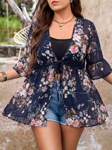 SHEIN LUNE Plus-Size Women'S Summer Flower Print Boho Lightweight Breathable Seaside Breathable Lace-Up Smock Fall - Navy Blue - View 4