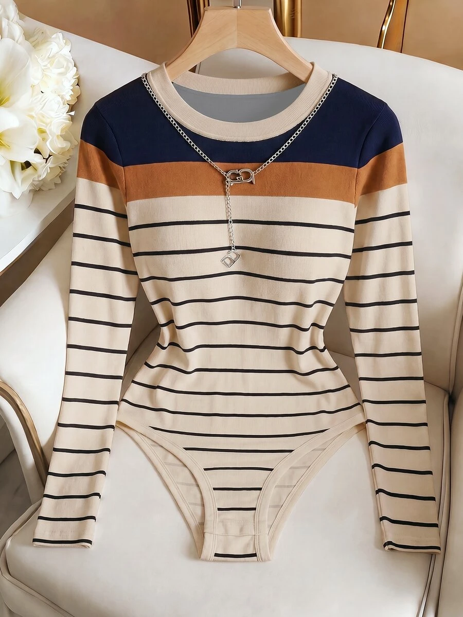 Resyla Women's Autumn/Winter New Hot-Selling Color Block Striped Pattern Slim Fit Versatile Bodysuit - Multicolor - View 1